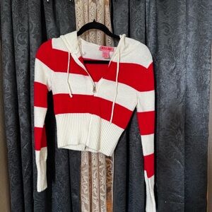 Red and White Striped Zip-Up cropped Hoodie